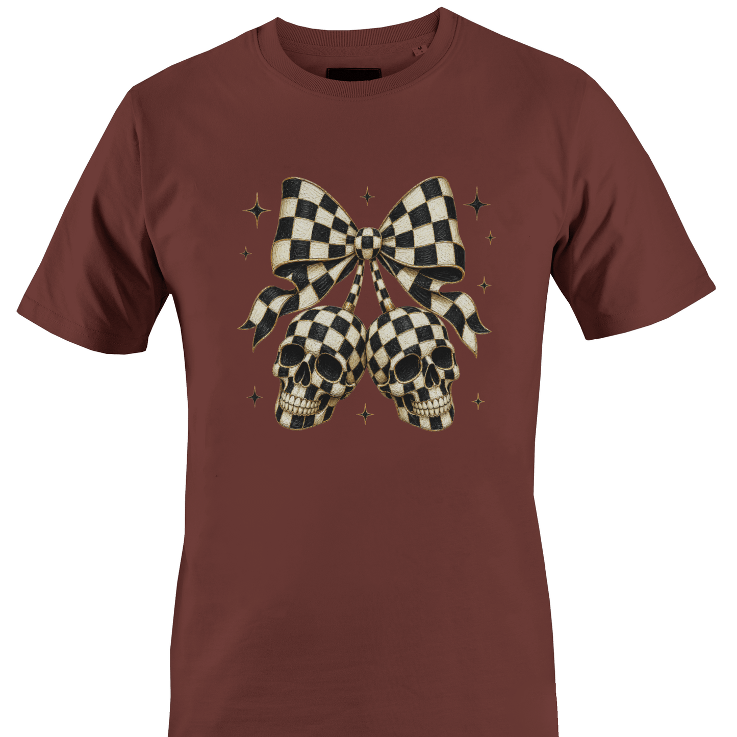Brown t-shirt with a black and white checkered bow with skulls for Halloween by Monkey's Creations. 