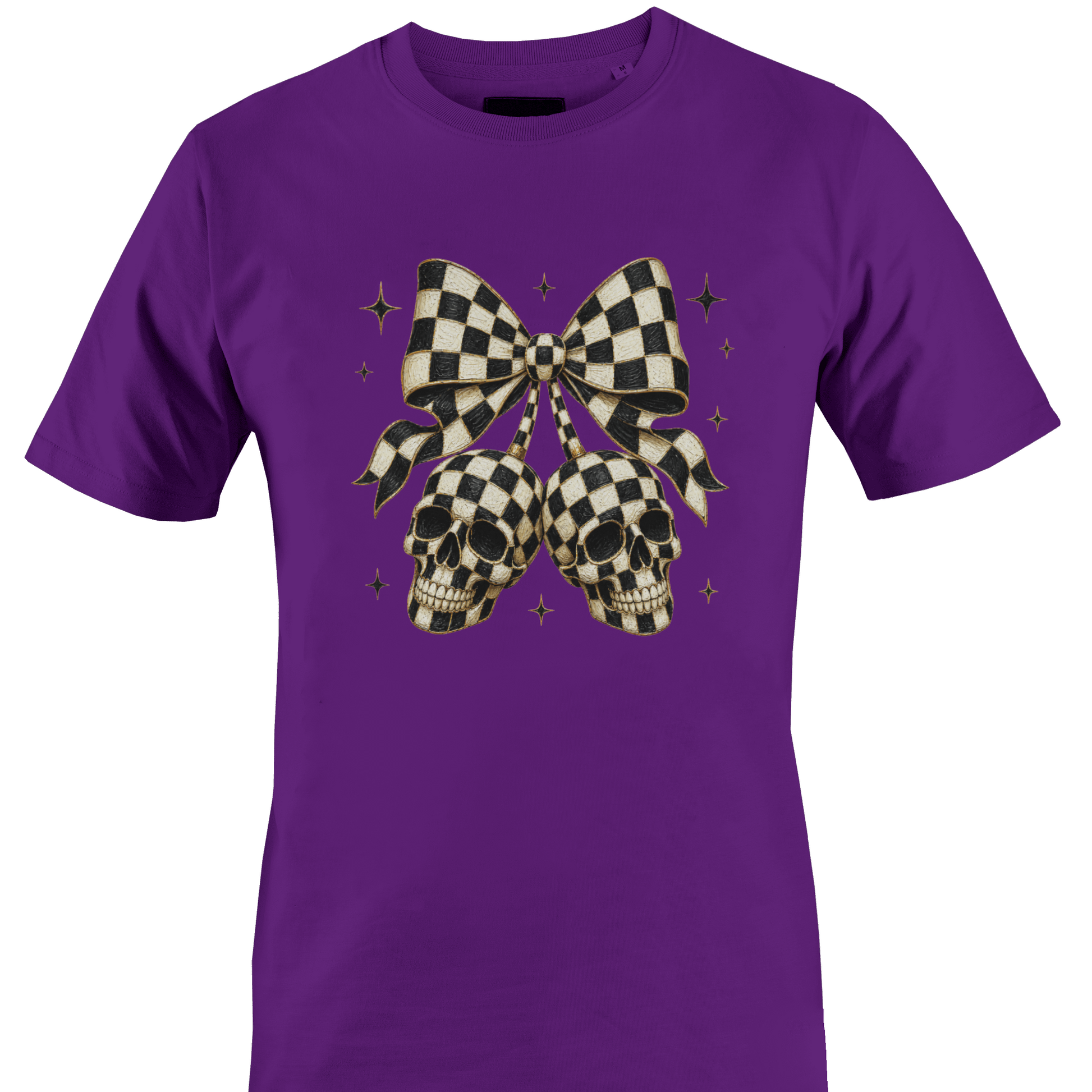 Dark purple t-shirt with a black and white checkered bow with skulls for Halloween by Monkey's Creations. 