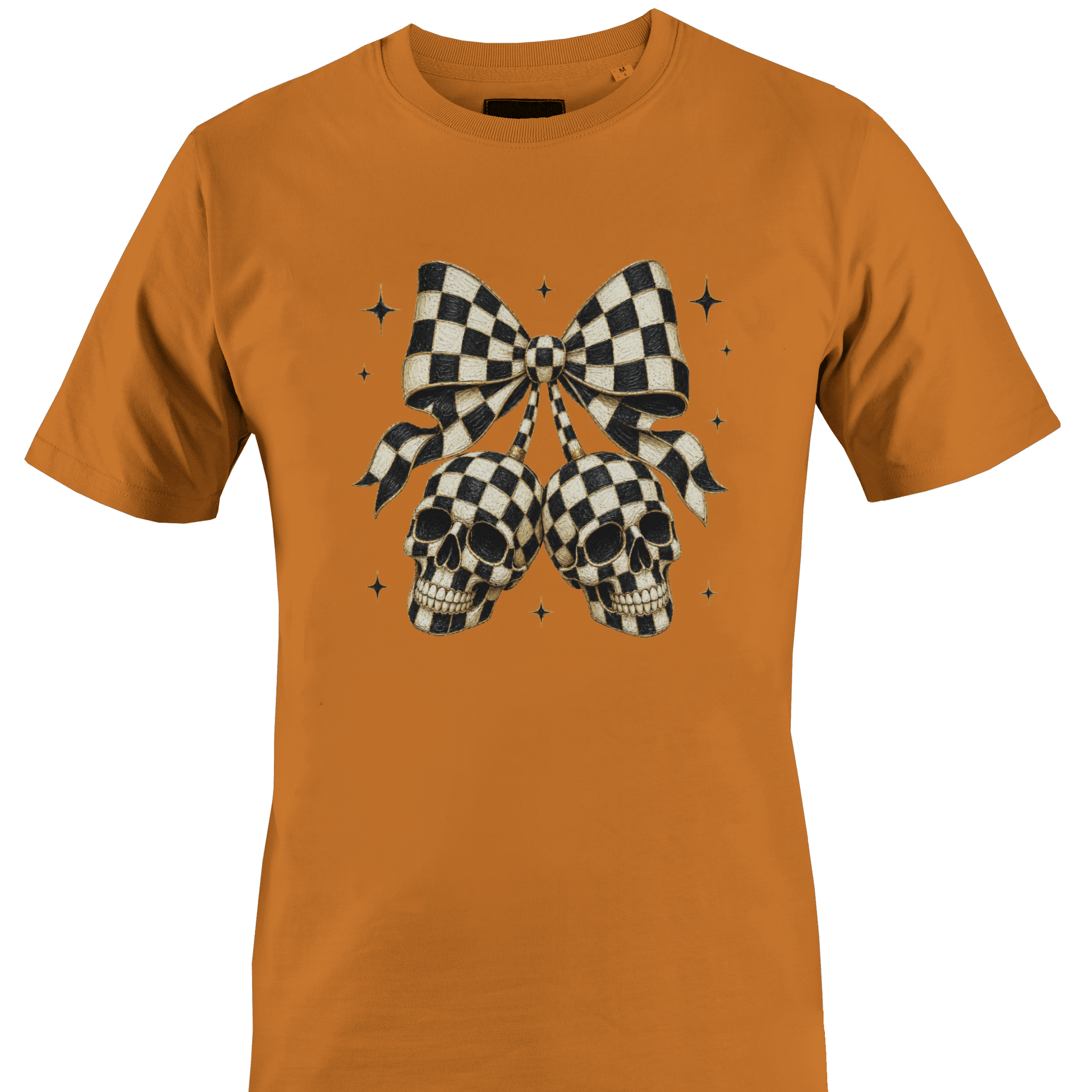Orange t-shirt with a black and white checkered bow with skulls for Halloween by Monkey's Creations. 