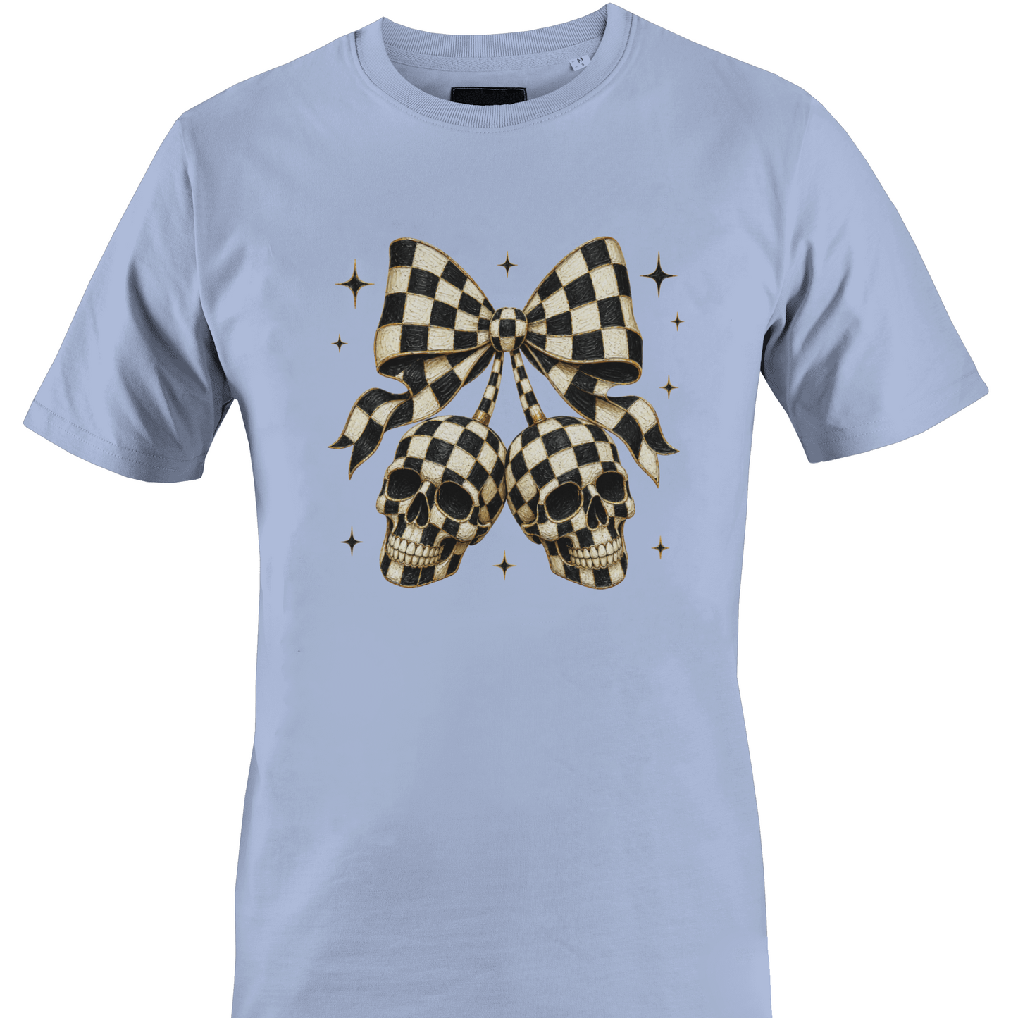 Light blue t-shirt with a black and white checkered bow with skulls for Halloween by Monkey's Creations. 