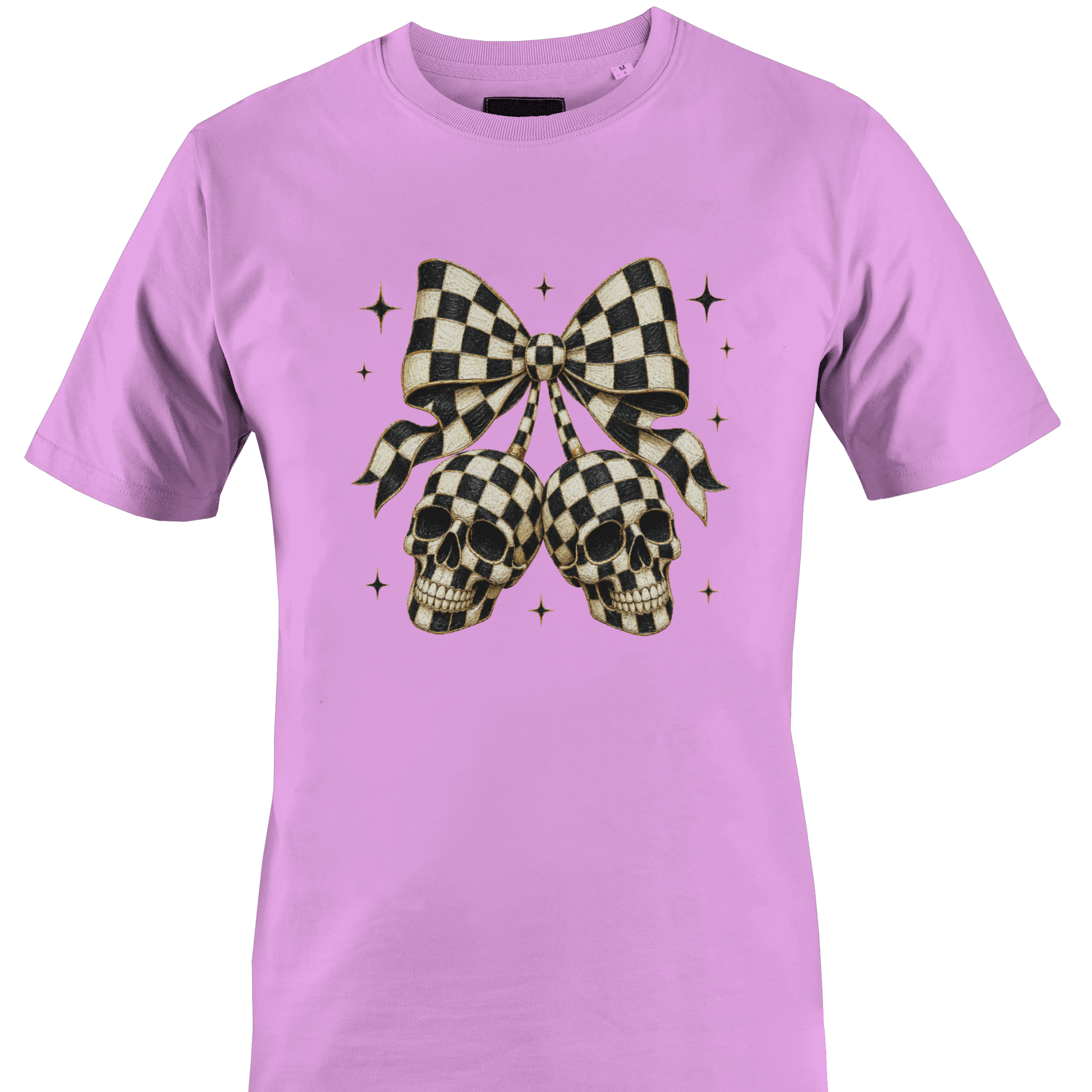 Light purple t-shirt with a black and white checkered bow with skulls for Halloween by Monkey's Creations. 