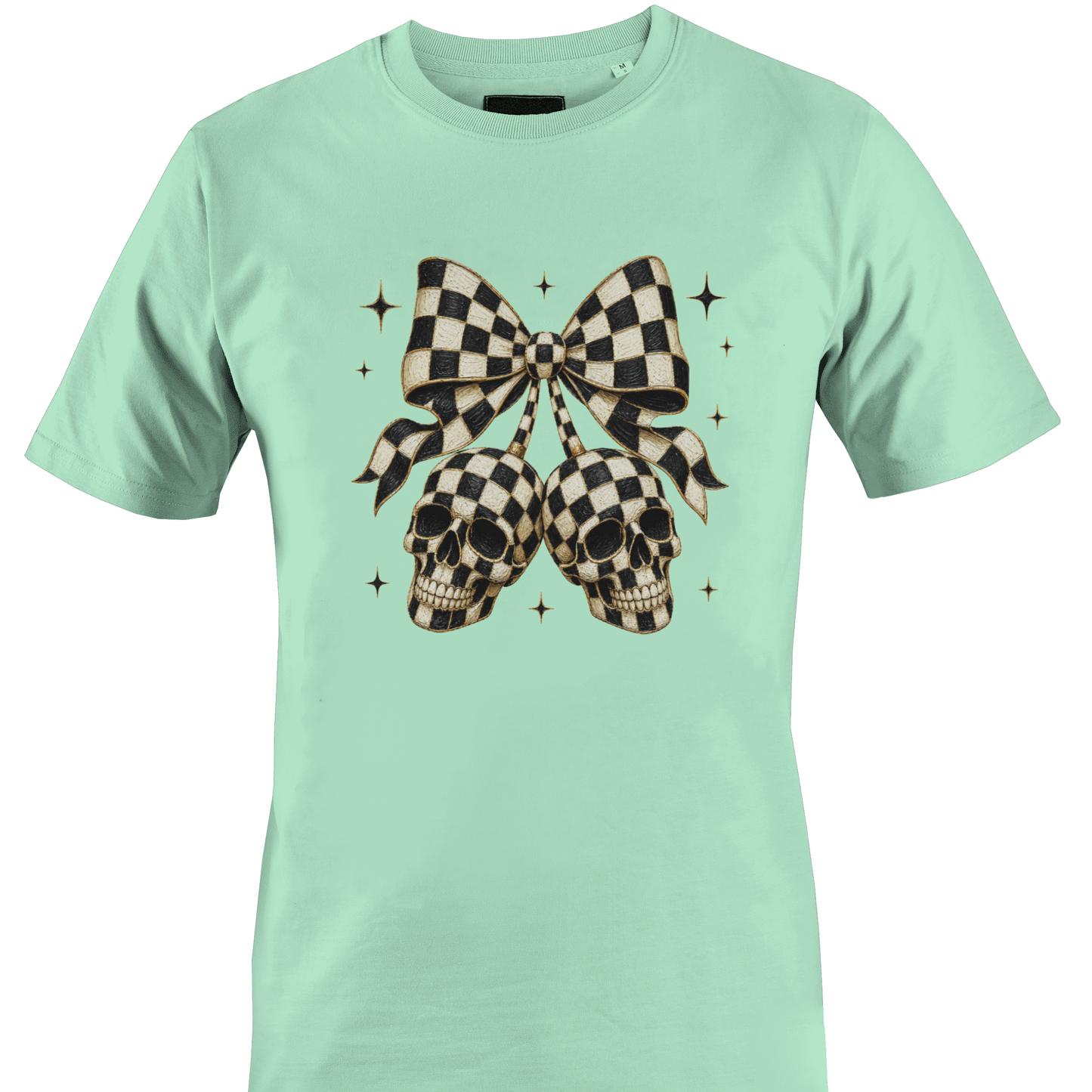 Mint green t-shirt with a black and white checkered bow with skulls for Halloween by Monkey's Creations. 
