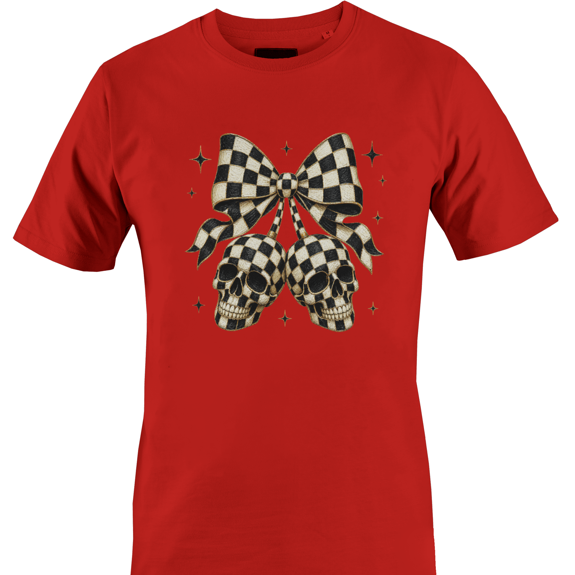 Red t-shirt with a black and white checkered bow with skulls for Halloween by Monkey's Creations. 