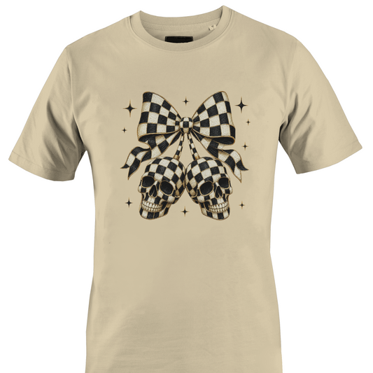 Tan t-shirt with a black and white checkered bow with skulls for Halloween by Monkey's Creations. 