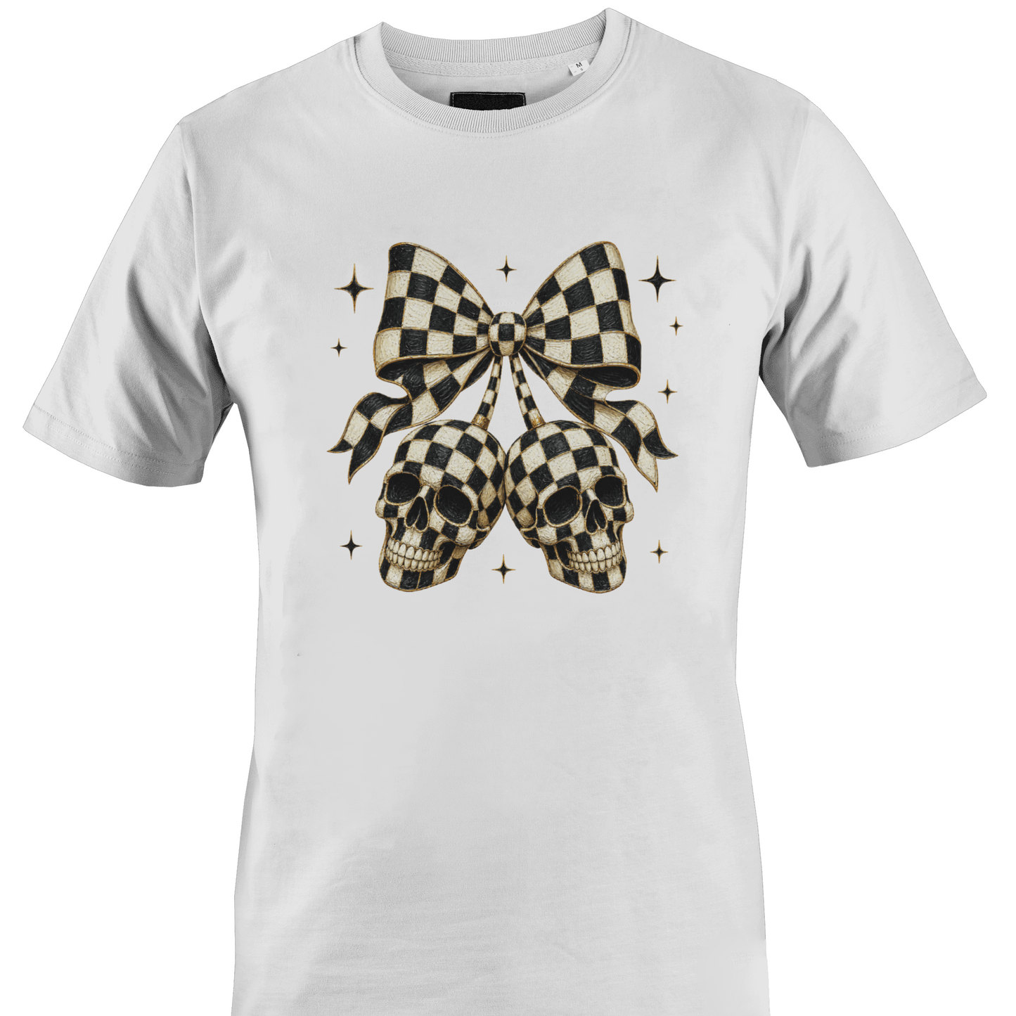 White t-shirt with a black and white checkered bow with skulls for Halloween by Monkey's Creations. 