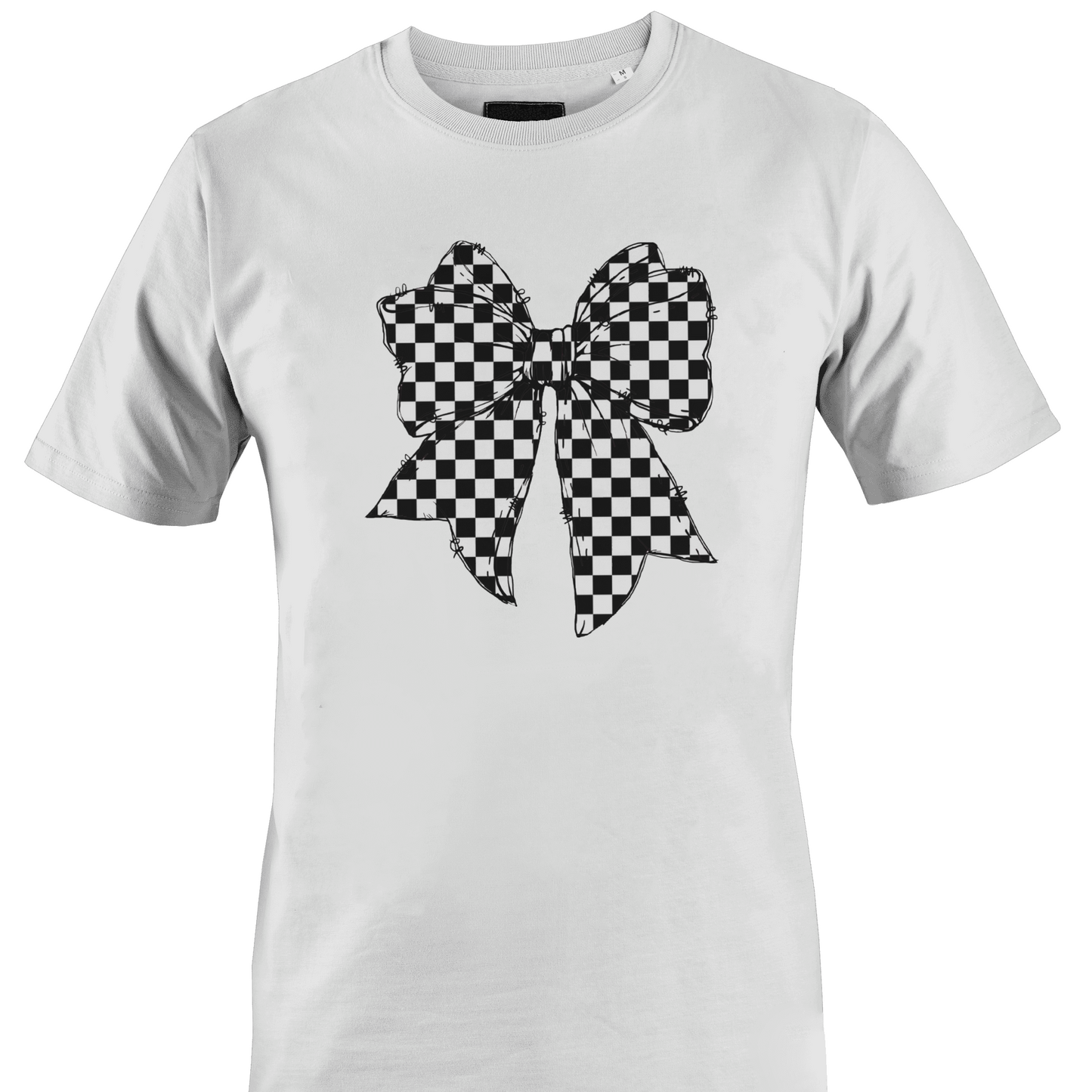 White t-shirt with a black and white checkered bow design