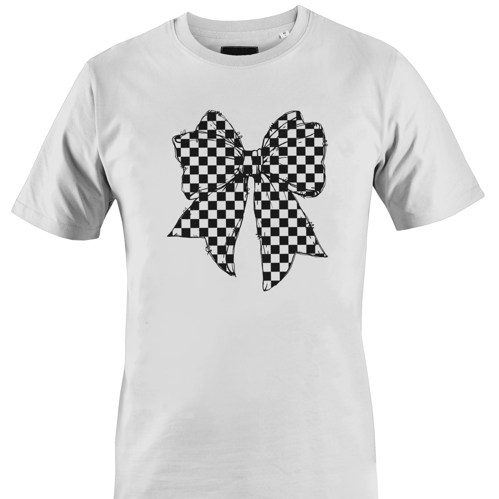 White t-shirt with a black and white checkered bow design