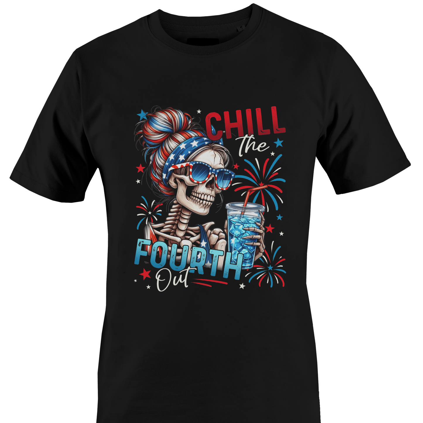 Black t-shirt with a skeleton design and 'Chill the Fourth Out' text by Monkey's Creations.