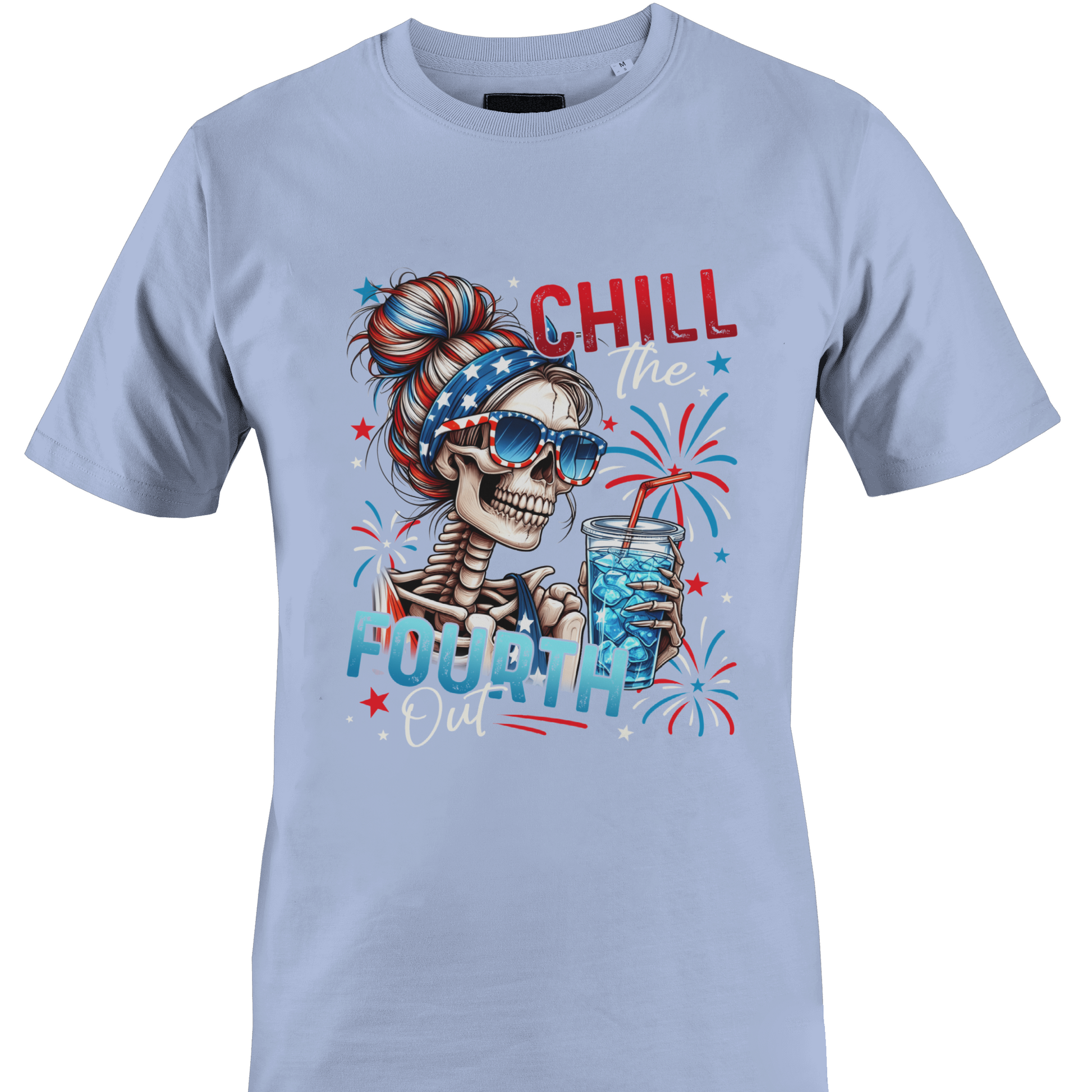 Light blue t-shirt with a skeleton design and 'Chill the Fourth Out' text by Monkey's Creations.