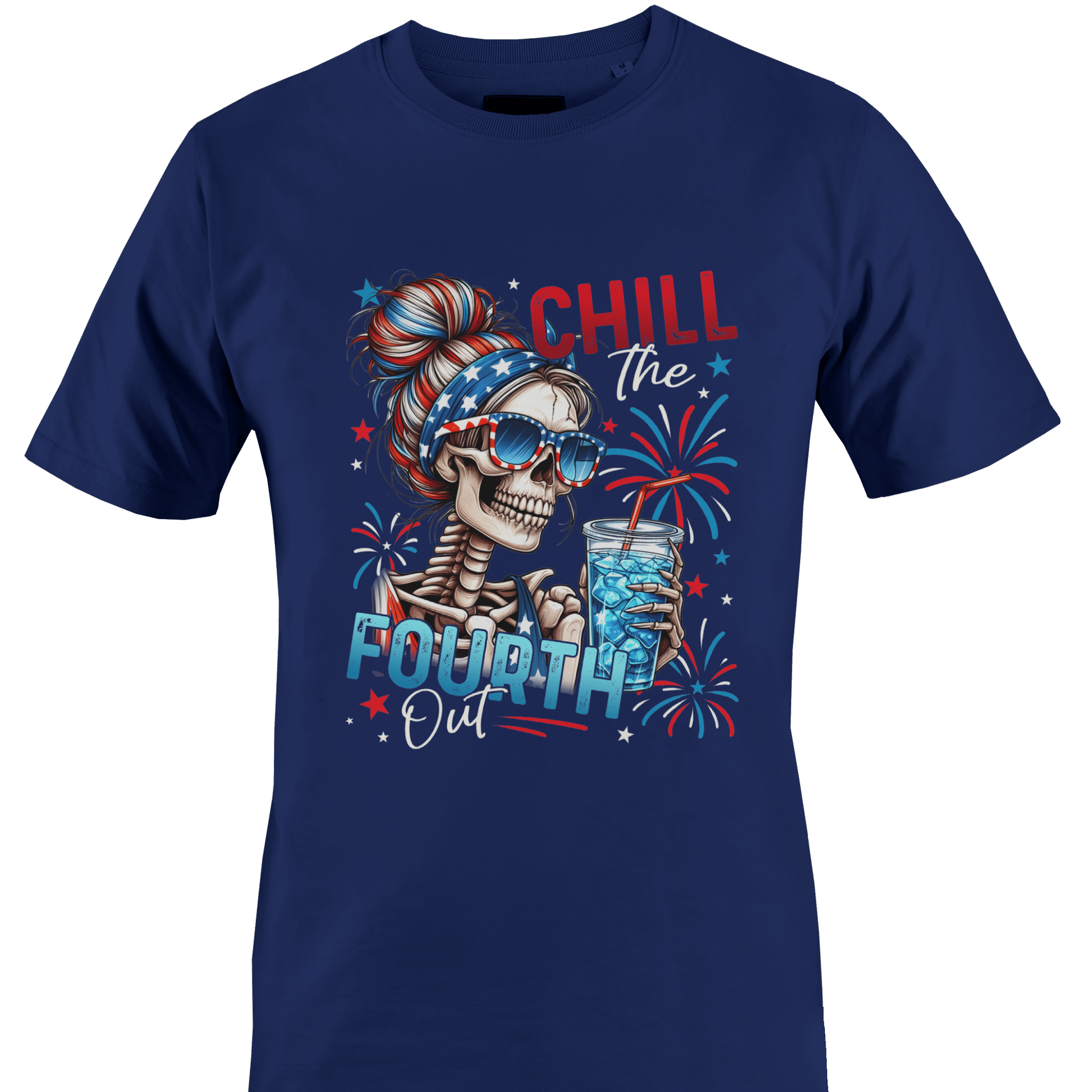 Navy blue t-shirt with a skeleton design and 'Chill the Fourth Out' text by Monkey's Creations.