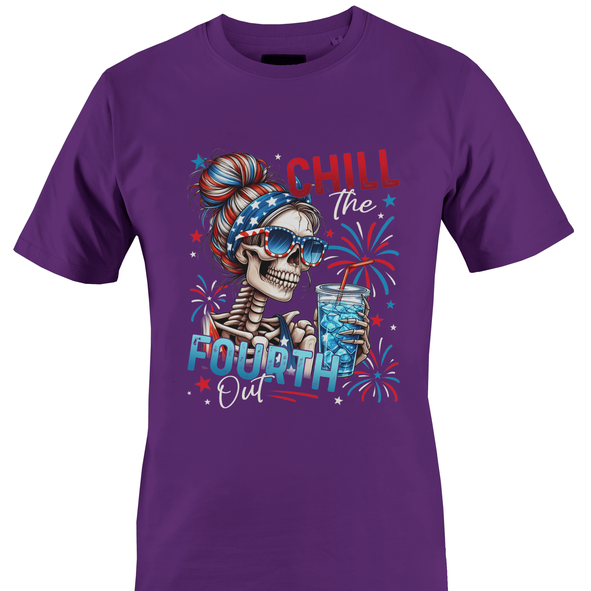 Purple t-shirt with a skeleton design and 'Chill the Fourth Out' text by Monkey's Creations.