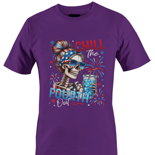 Purple t-shirt with a skeleton design and 'Chill the Fourth Out' text by Monkey's Creations.