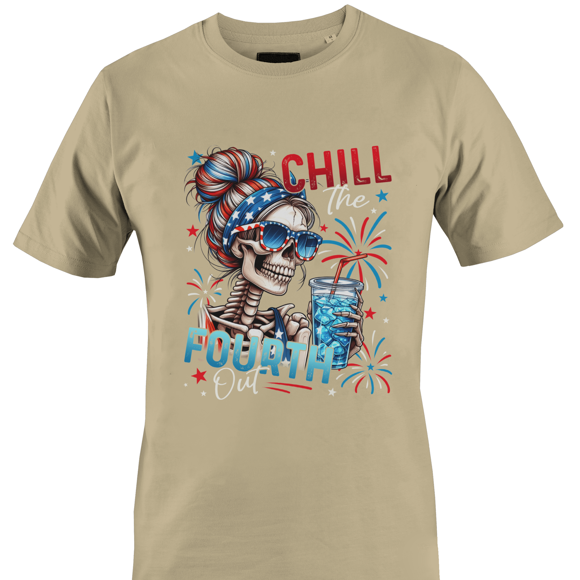 Tan  t-shirt with a skeleton design and 'Chill the Fourth Out' text by Monkey's Creations.