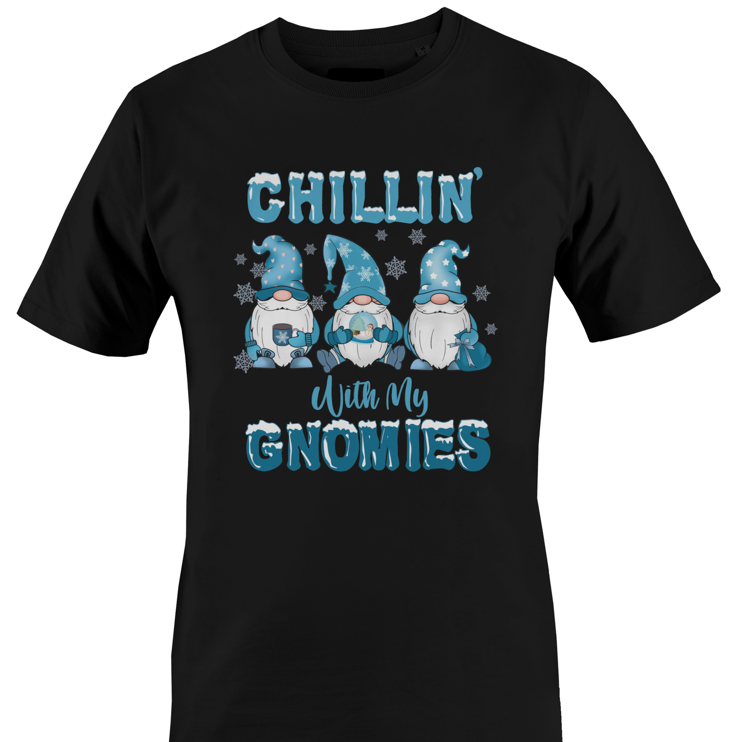 Black t-shirt with a trio of gnomes with snowflakes and "chillin" with my gnomies" by Monkey's Creations. 