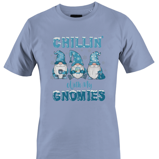 Light blue t-shirt with a trio of gnomes with snowflakes and "chillin" with my gnomies" by Monkey's Creations. 