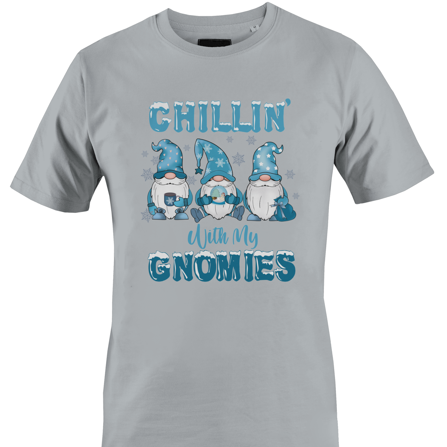 Light grey t-shirt with a trio of gnomes with snowflakes and "chillin" with my gnomies" by Monkey's Creations. 
