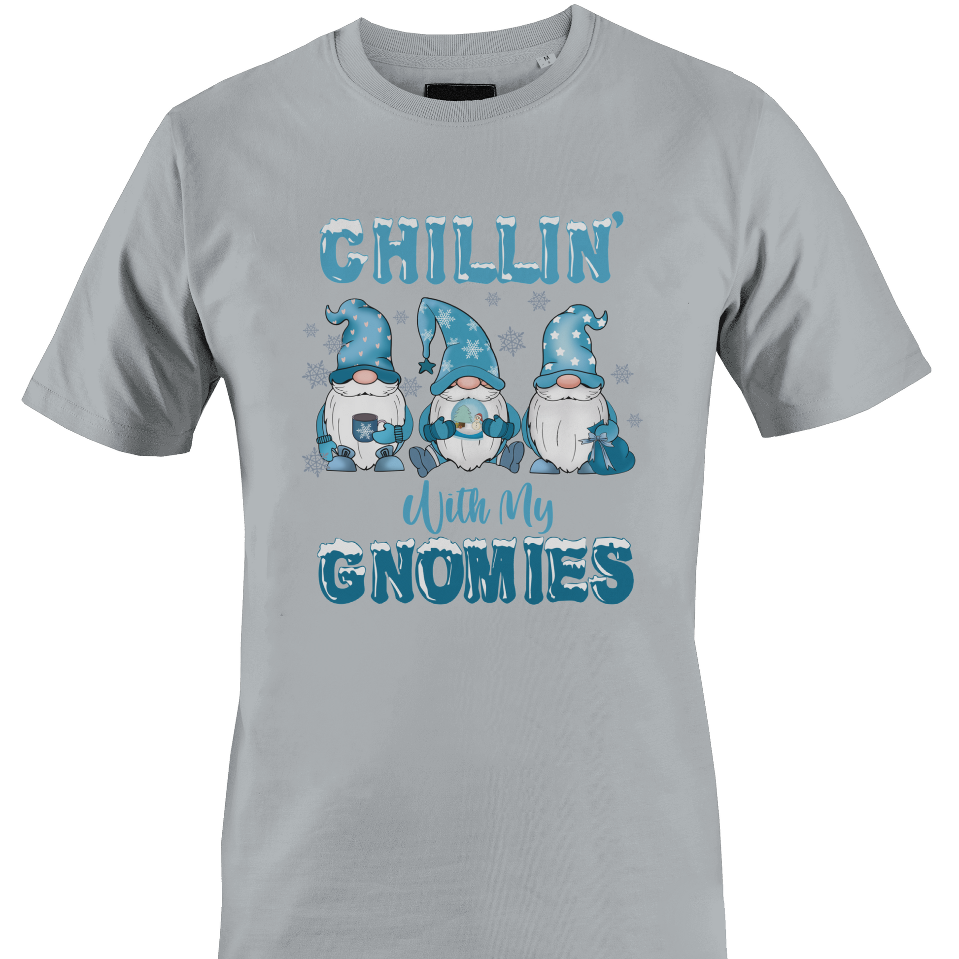 Light grey t-shirt with a trio of gnomes with snowflakes and "chillin" with my gnomies" by Monkey's Creations. 