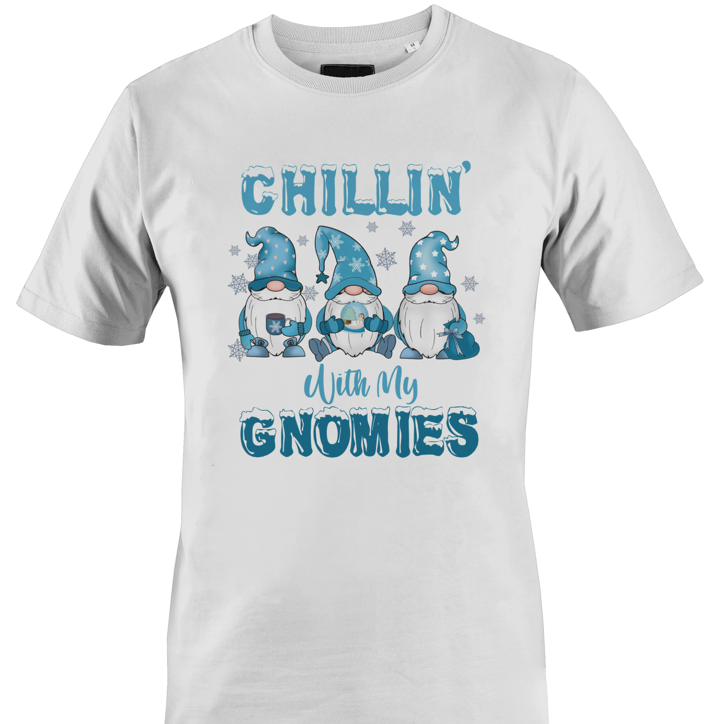 White t-shirt with a trio of gnomes with snowflakes and "chillin" with my gnomies" by Monkey's Creations. 