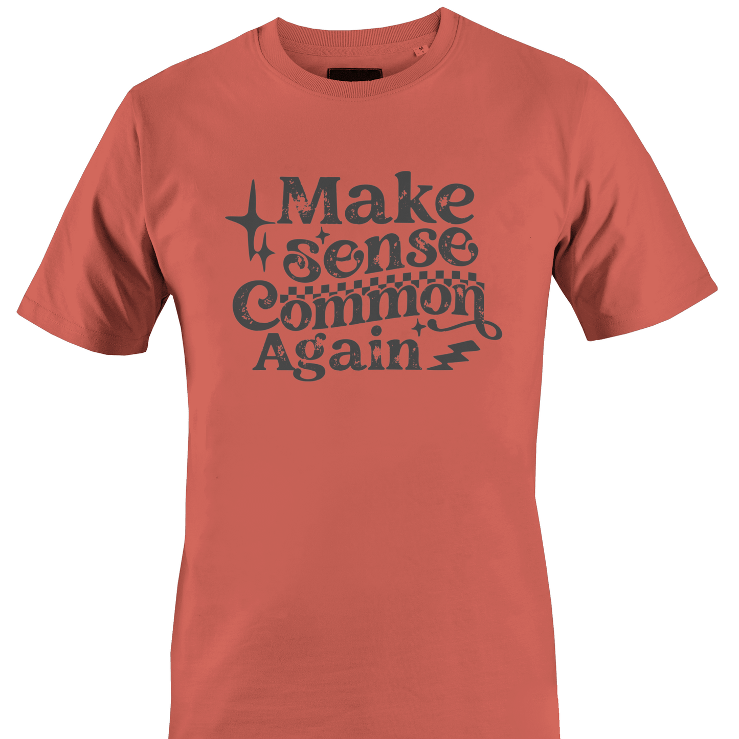 Coral t-shirt with text 'Make sense Common Again' by Monkey's Creations