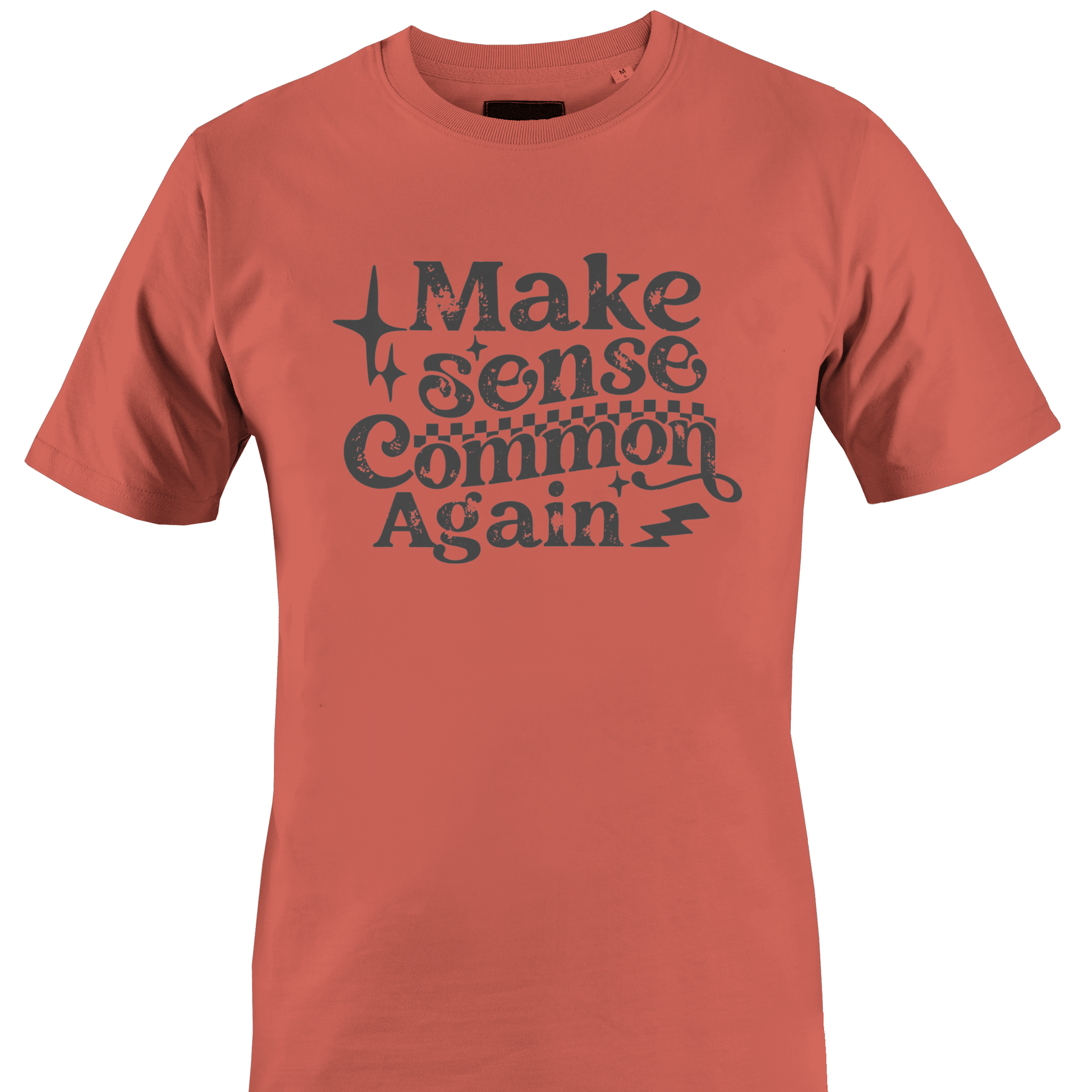Coral t-shirt with text 'Make sense Common Again' by Monkey's Creations