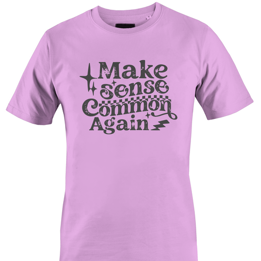 light purple t-shirt with text 'Make sense Common Again' by Monkey's Creations