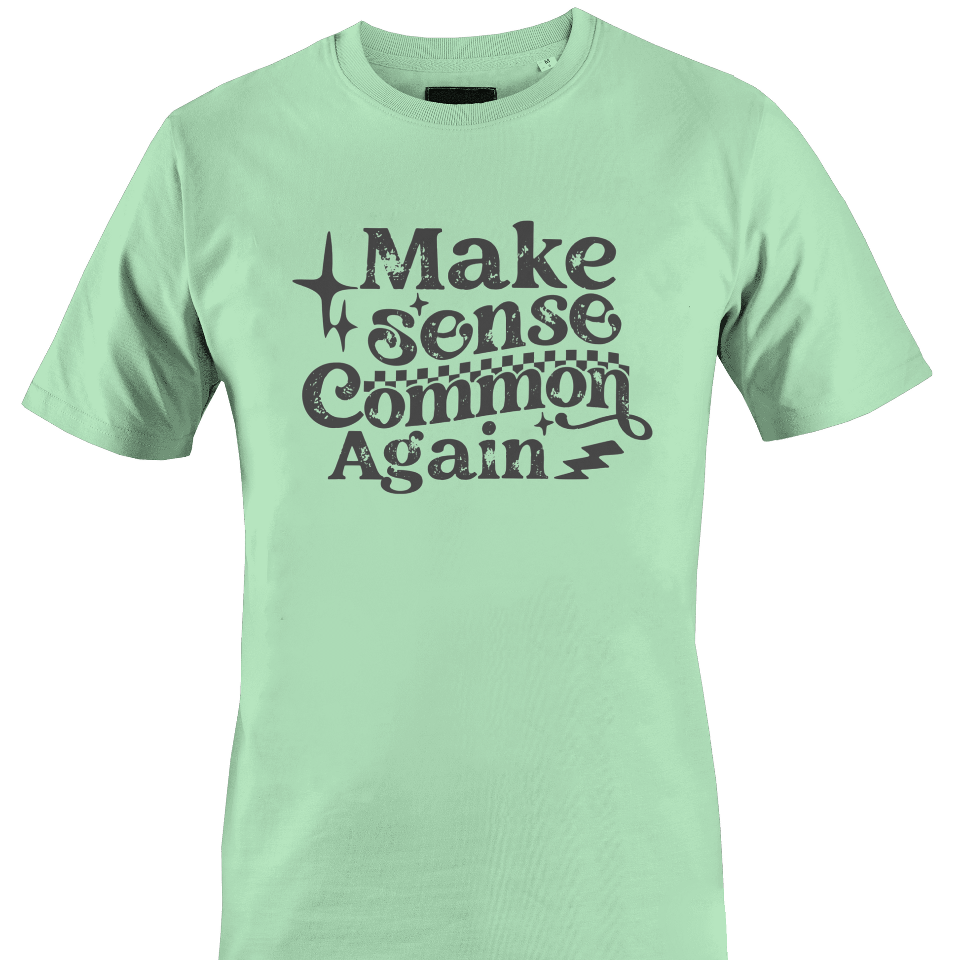 Mint green t-shirt with text 'Make sense Common Again' by Monkey's Creations
