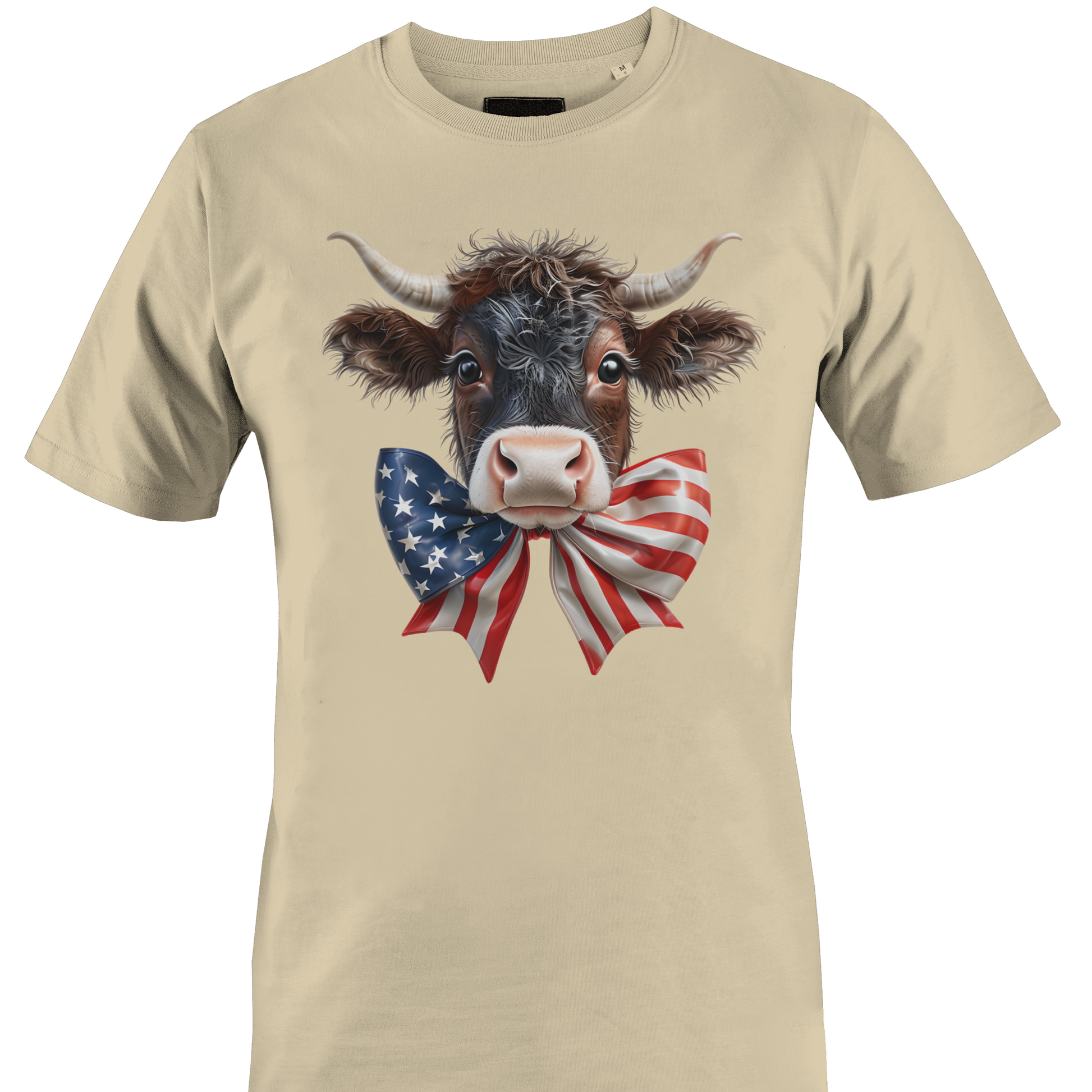 Beige t-shirt with a cow wearing an American flag bow tie 