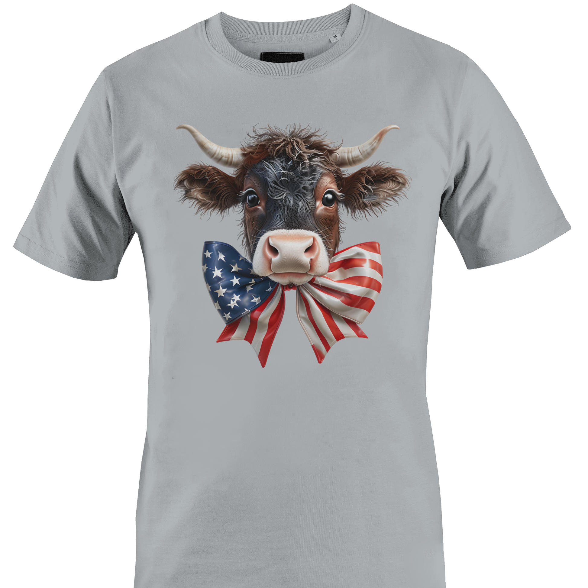 Grey t-shirt with a cow wearing an American flag bow tie 
