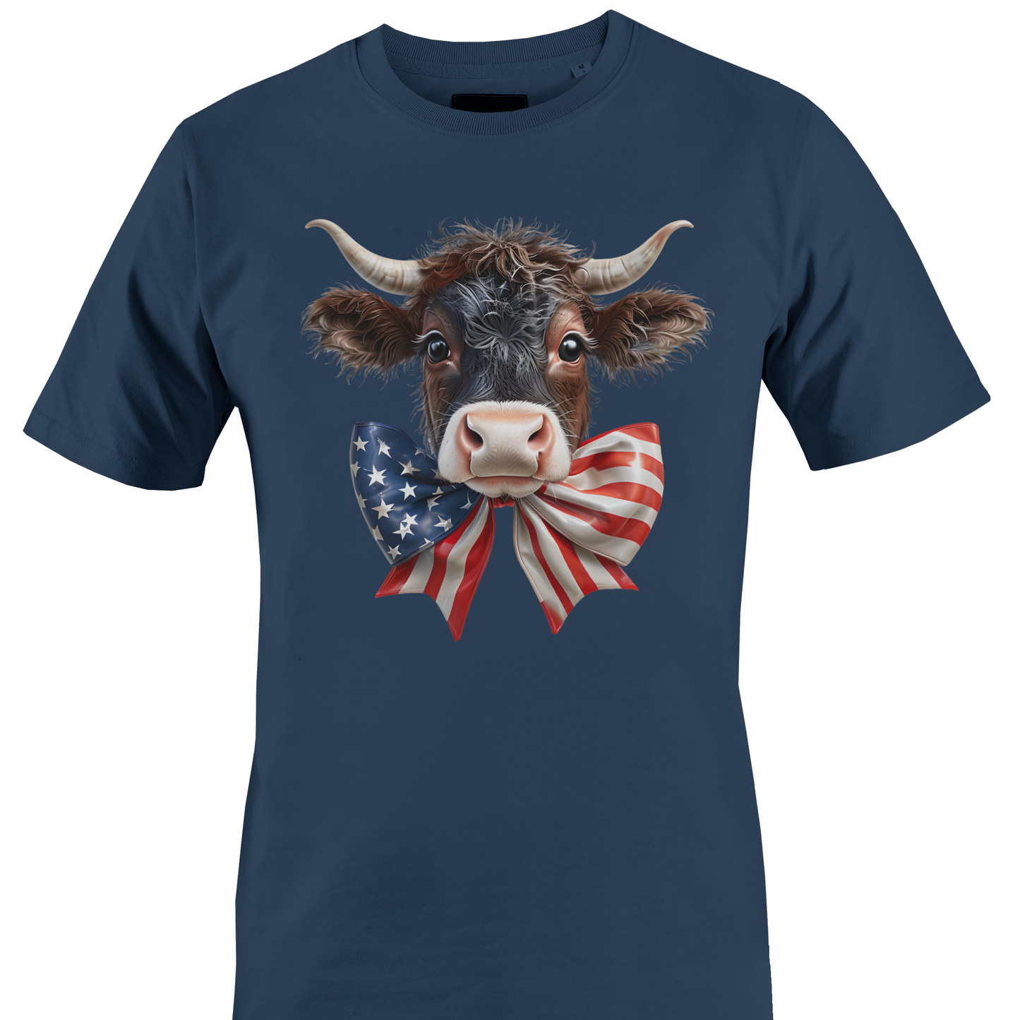 Navy blue t-shirt with a cow wearing an American flag bow tie 