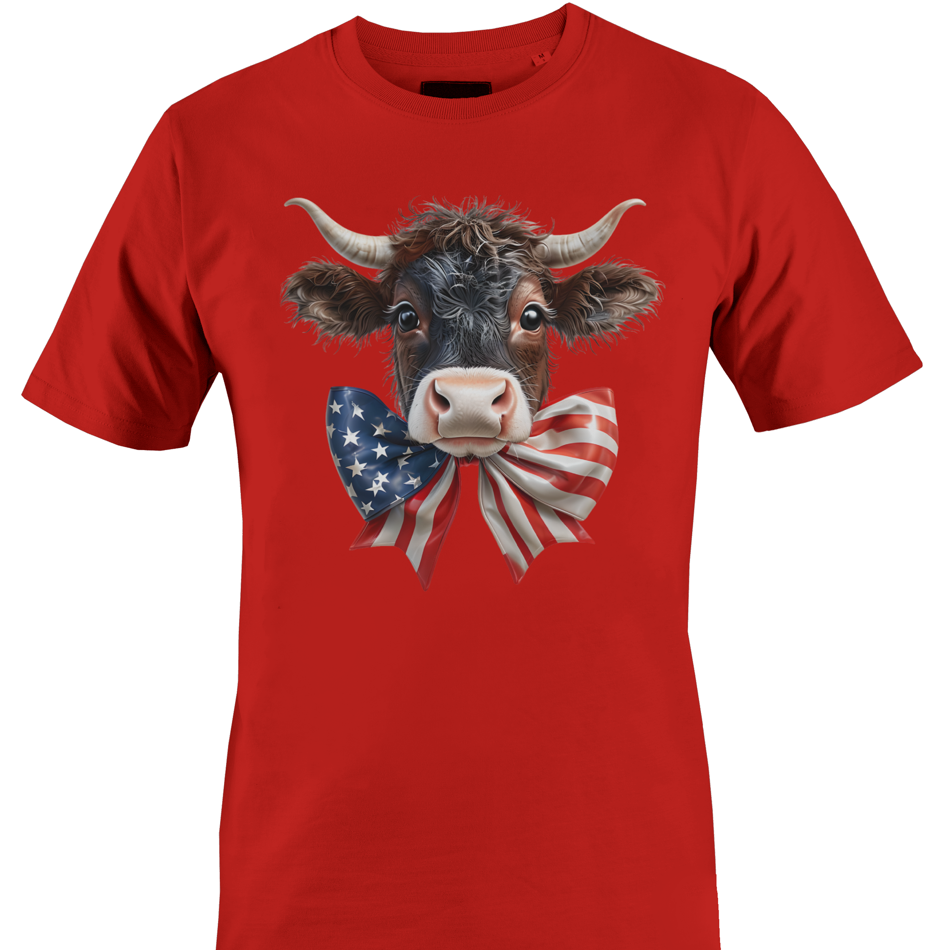Red t-shirt with a cow wearing an American flag bow tie 