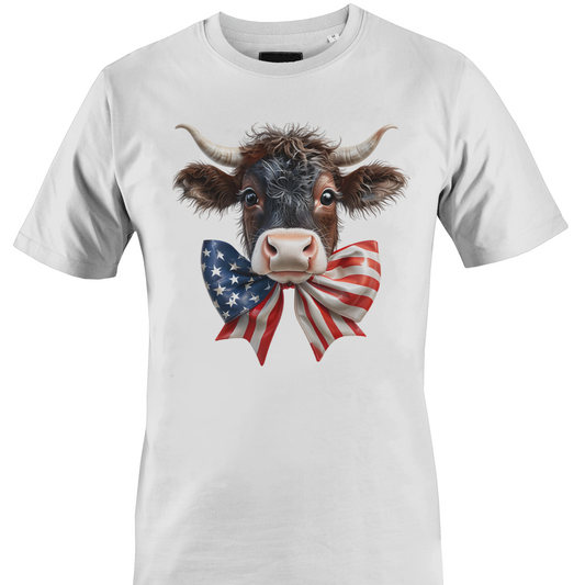 White t-shirt with a cow wearing an American flag bow tie 