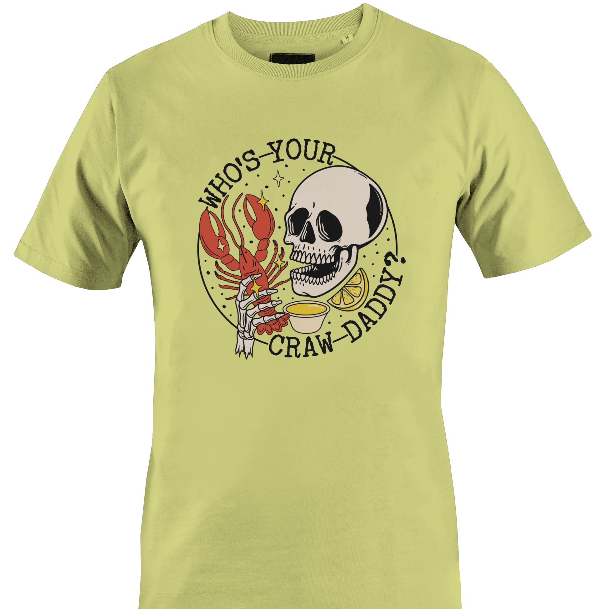 Yellow t-shirt with a skull and crawfish graphic and text "who's your craw daddy"