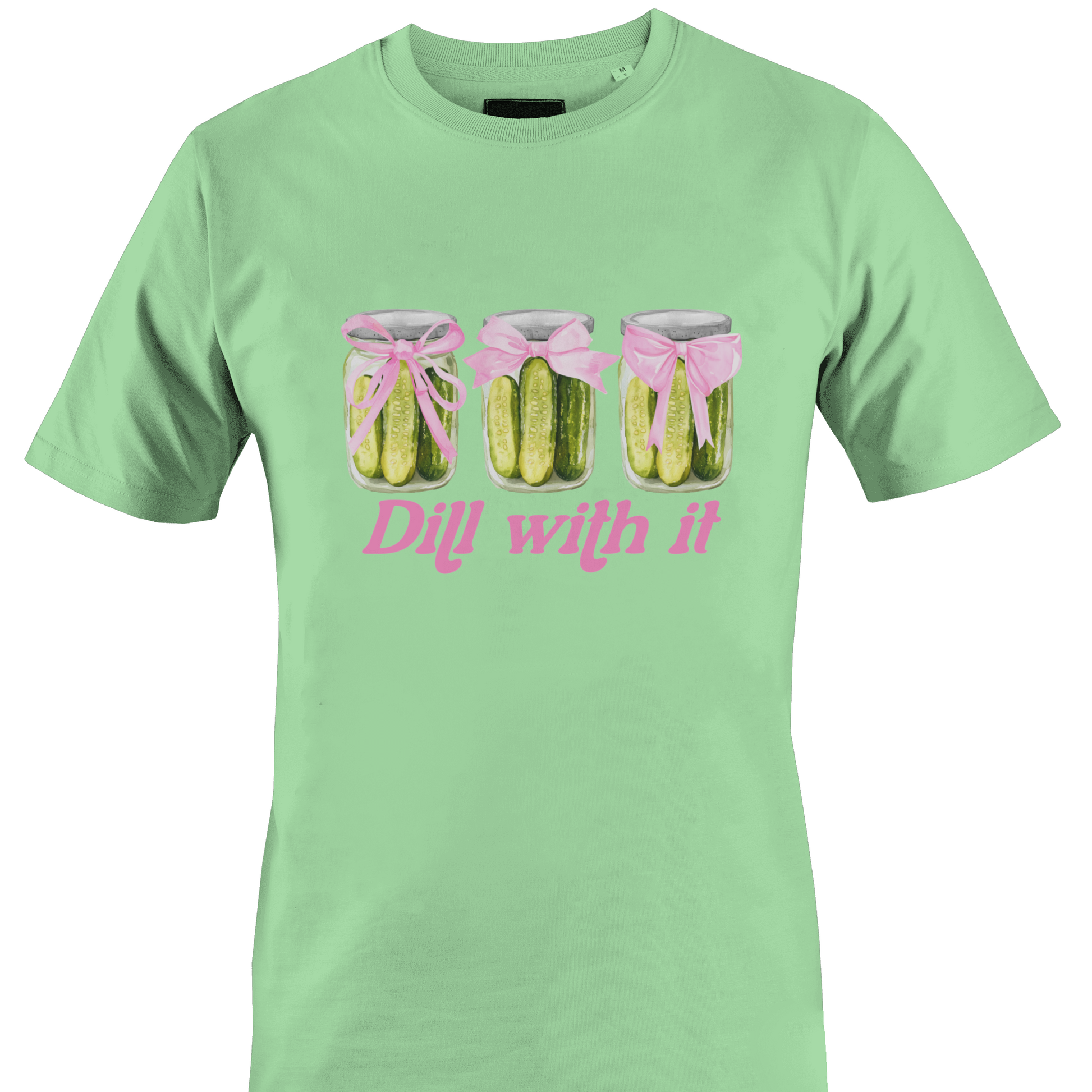 Light green t-shirt with pickle graphic and text "dill with it"