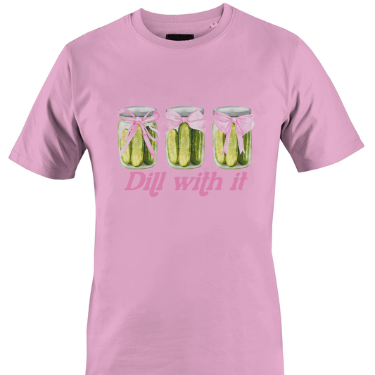 Light pink t-shirt with pickle graphic and text "dill with it"