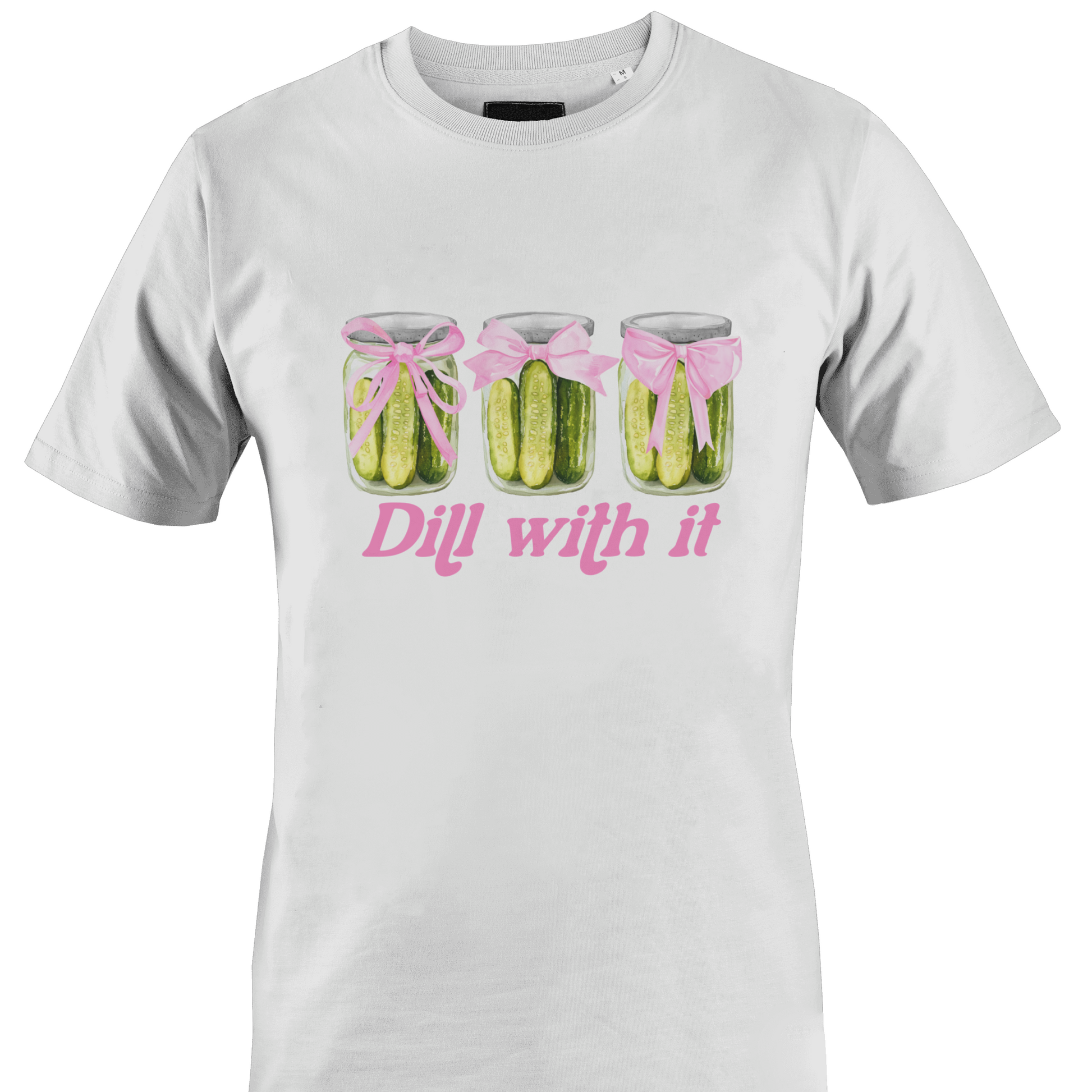 White t-shirt with pickle graphic and text "dill with it"