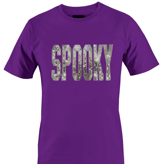 A dark purple short-sleeve crewneck t-shirt featuring the word 'SPOOKY' printed across the chest in disco ball tyle mirrors by Monkey's Creations.