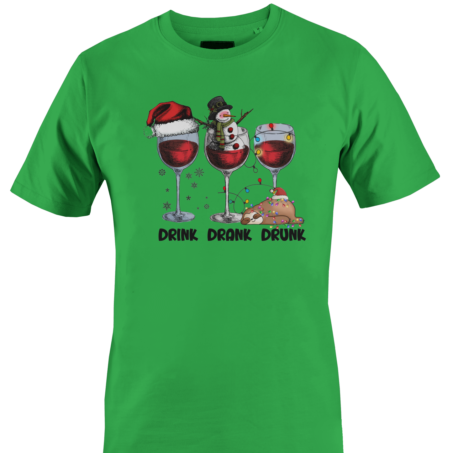 Green t-shirt with Christmas themed wine glasses and text "drink, drank, drunk" by Monkey's Creations. 