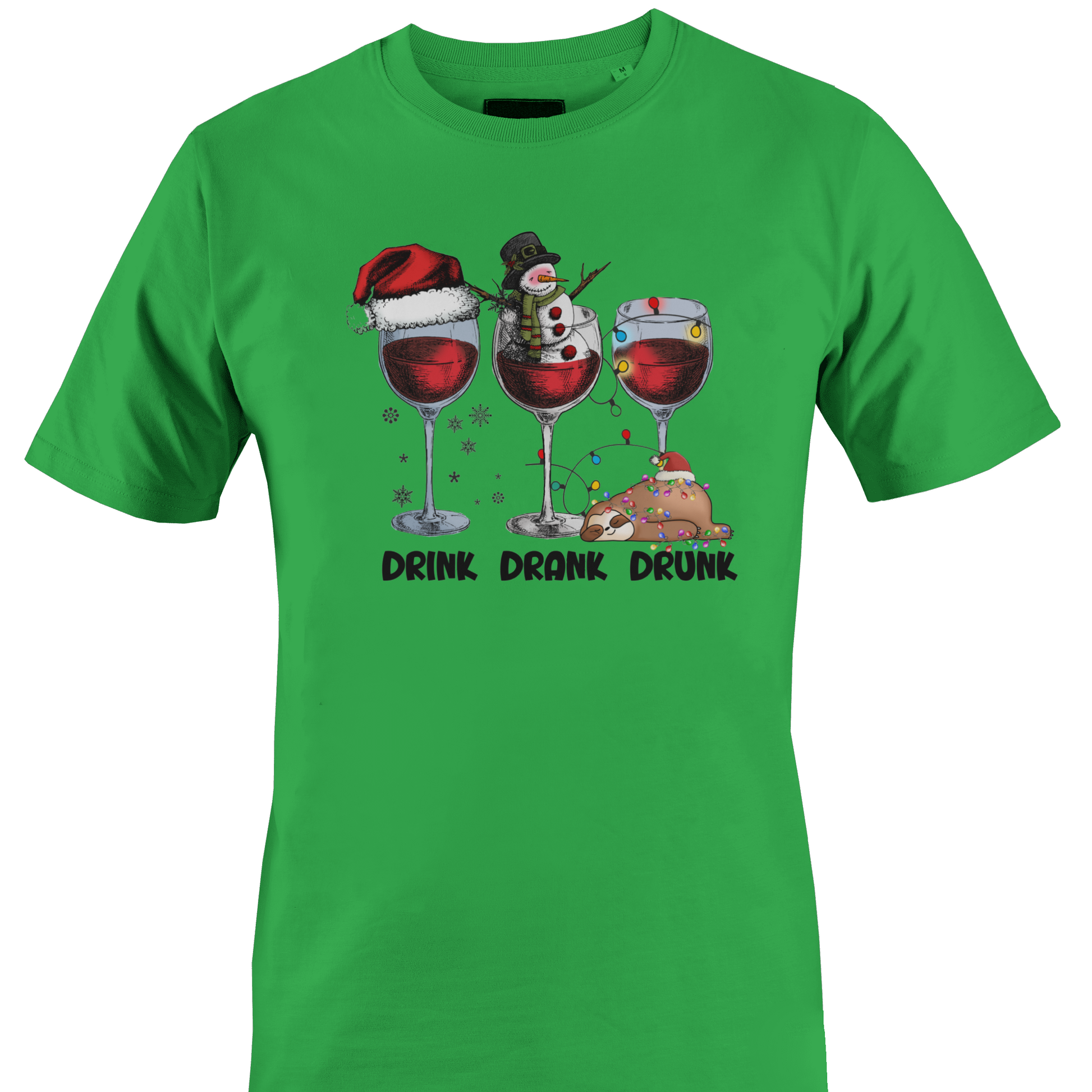 Green t-shirt with Christmas themed wine glasses and text "drink, drank, drunk" by Monkey's Creations. 