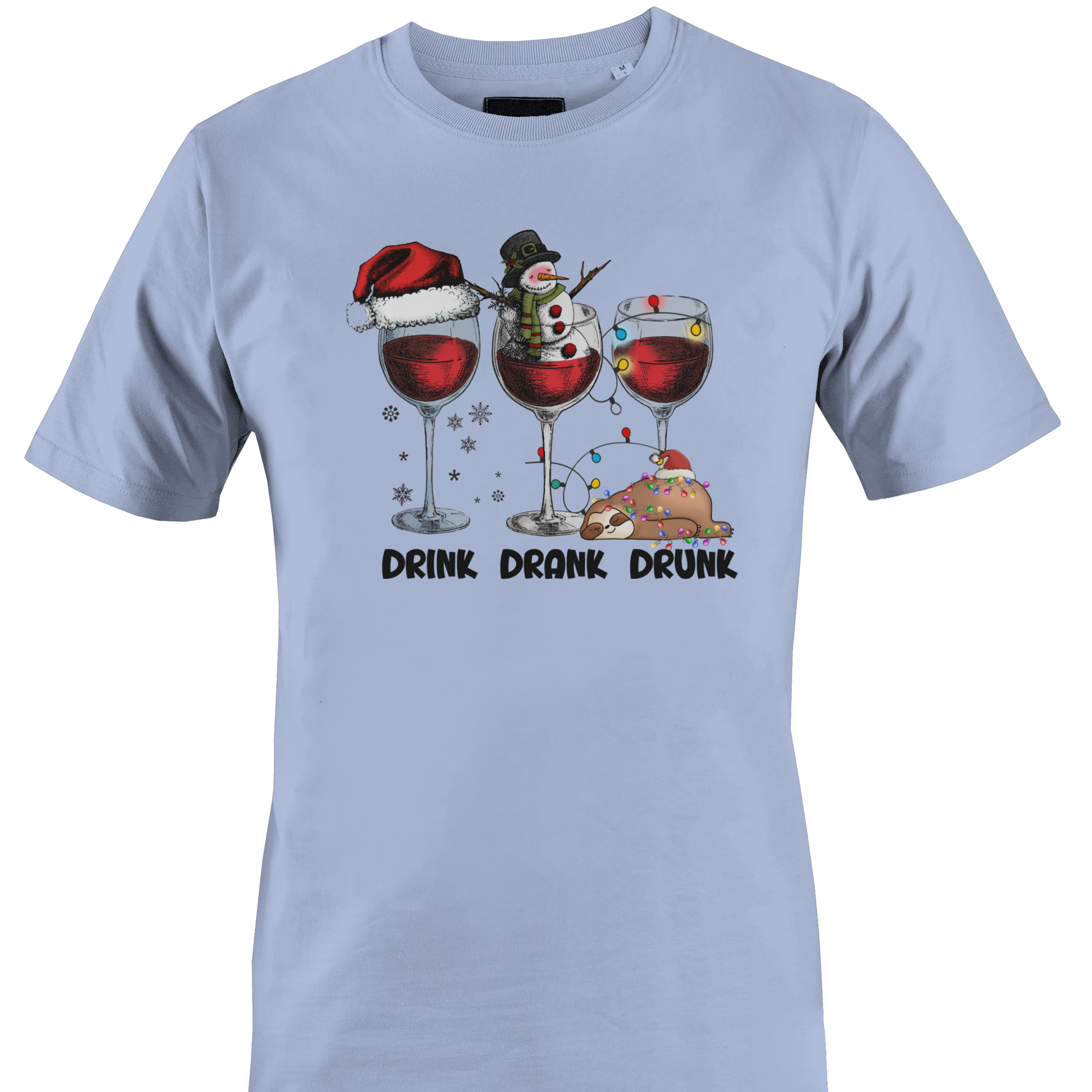 Light blue t-shirt with Christmas themed wine glasses and text "drink, drank, drunk" by Monkey's Creations. 