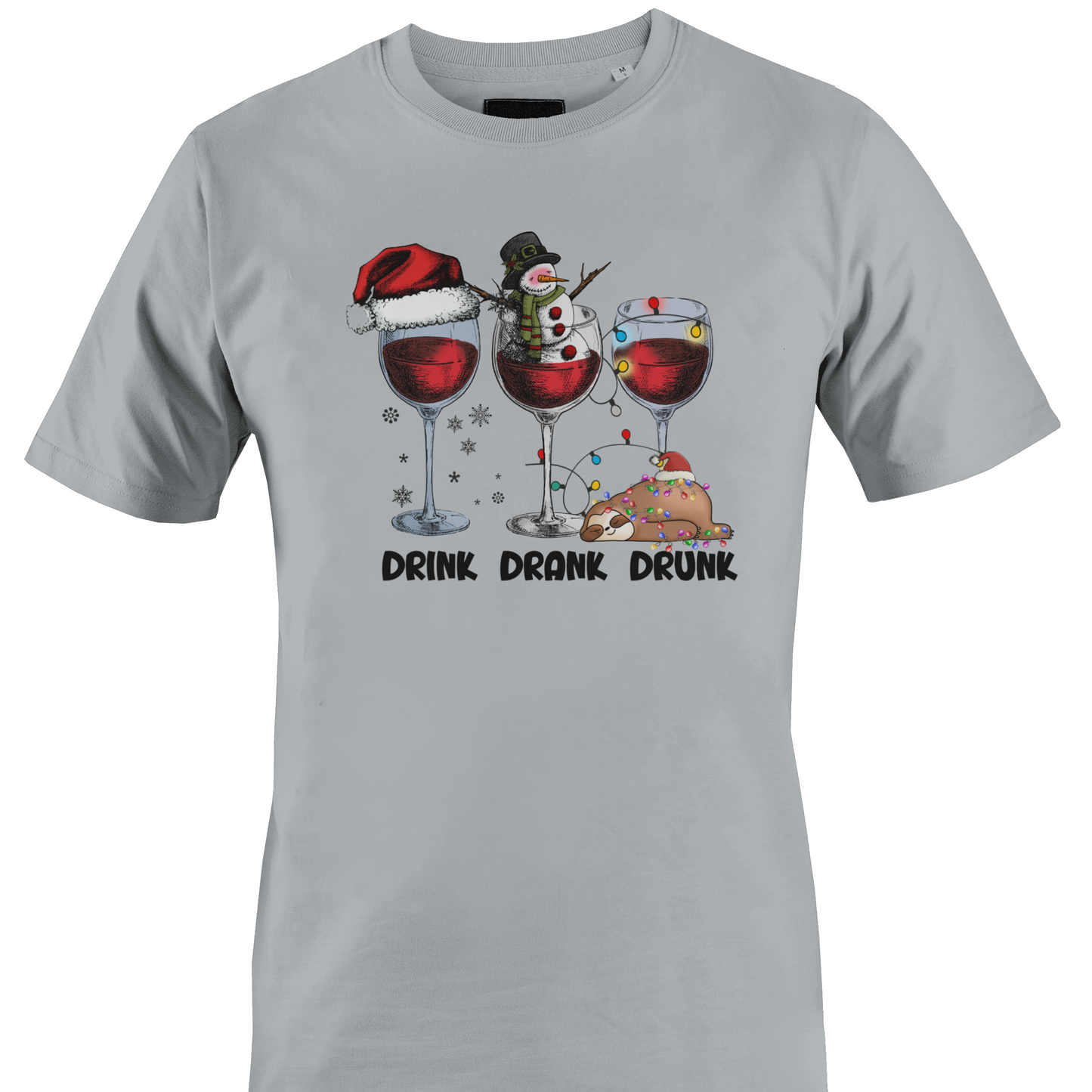 Light grey t-shirt with Christmas themed wine glasses and text "drink, drank, drunk" by Monkey's Creations. 