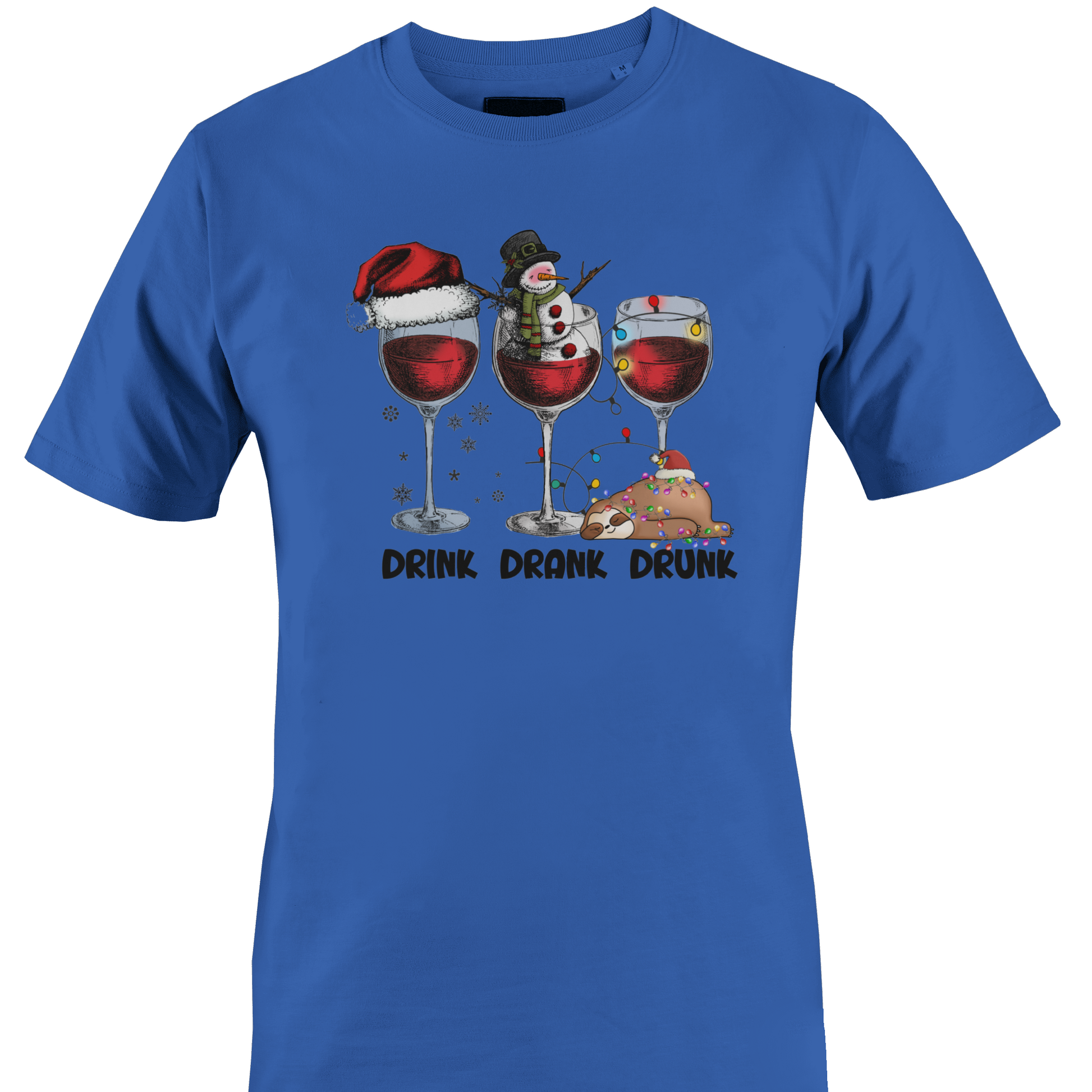 Royal blue t-shirt with Christmas themed wine glasses and text "drink, drank, drunk" by Monkey's Creations. 