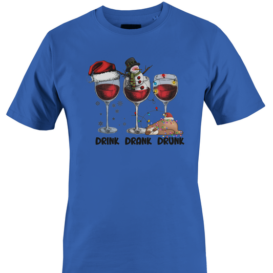 Royal blue t-shirt with Christmas themed wine glasses and text "drink, drank, drunk" by Monkey's Creations. 