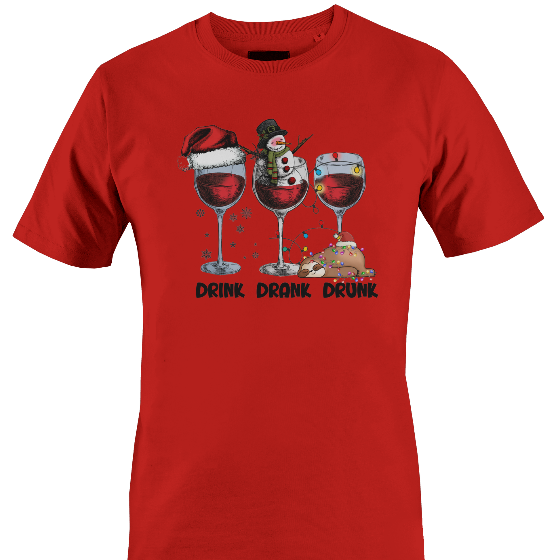 Red t-shirt with Christmas themed wine glasses and text "drink, drank, drunk" by Monkey's Creations. 