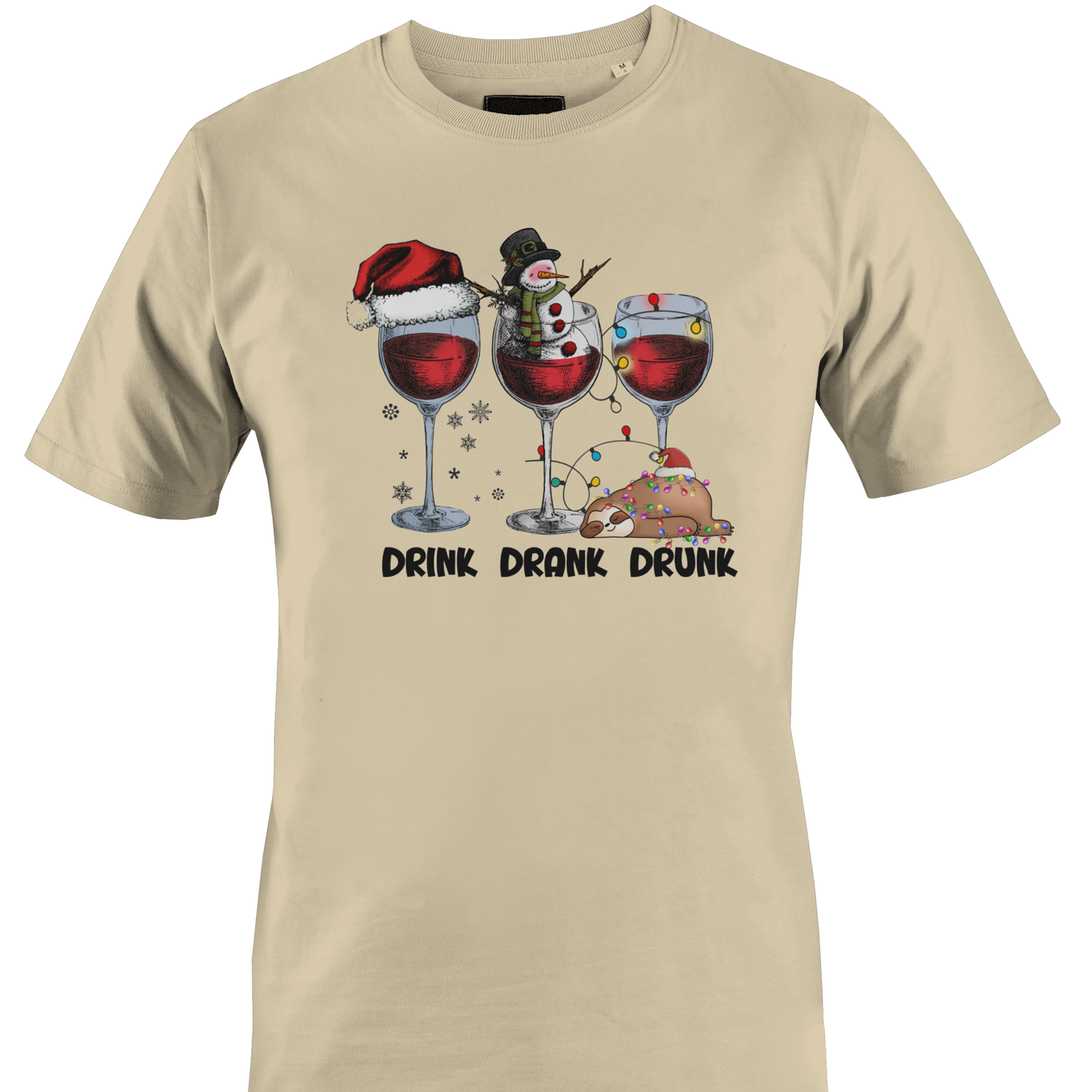 Tan t-shirt with Christmas themed wine glasses and text "drink, drank, drunk" by Monkey's Creations. 