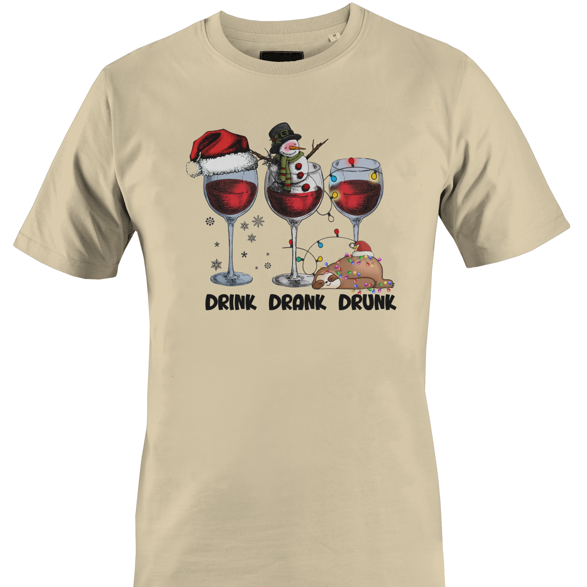 Tan t-shirt with Christmas themed wine glasses and text "drink, drank, drunk" by Monkey's Creations. 