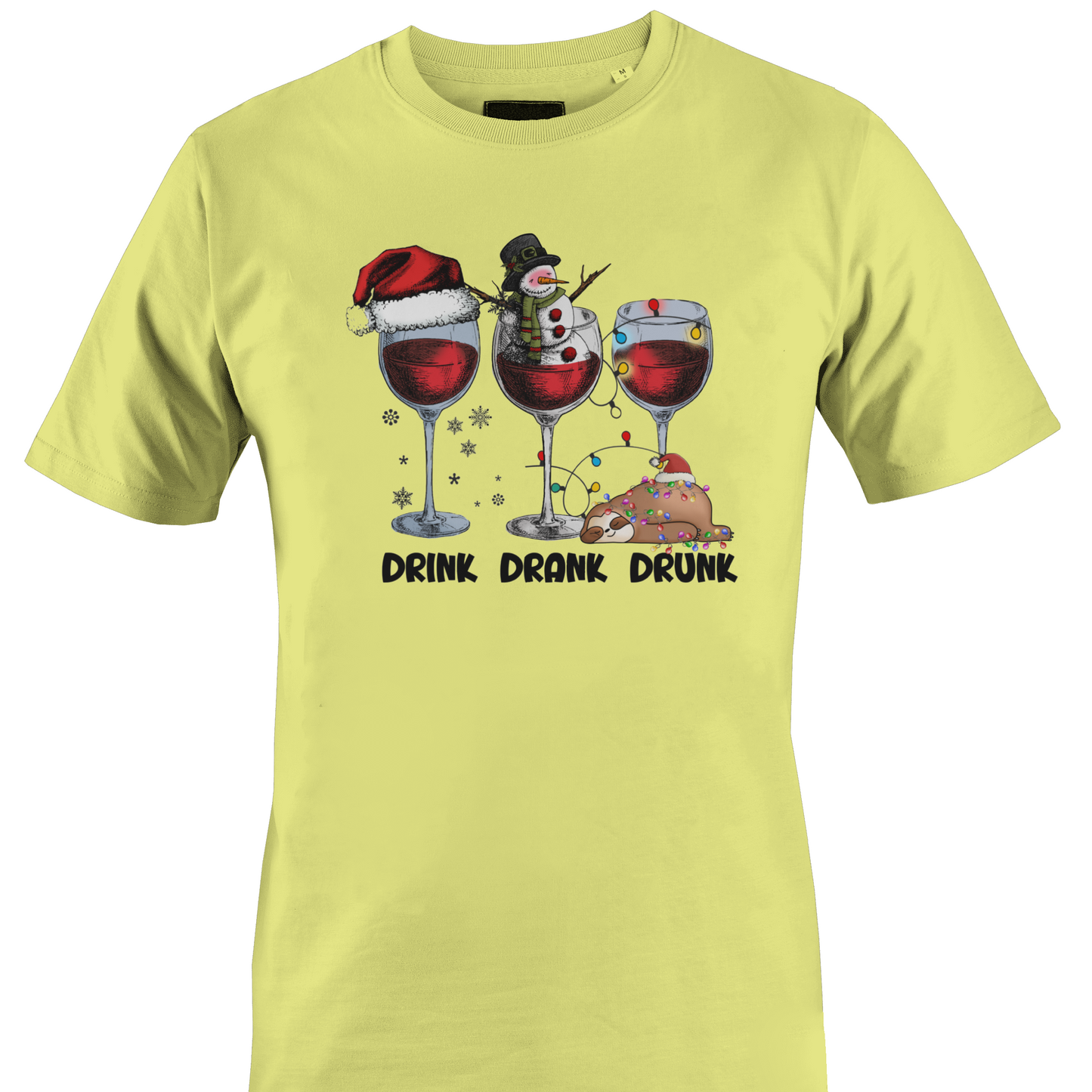 Yellow t-shirt with Christmas themed wine glasses and text "drink, drank, drunk" by Monkey's Creations. 