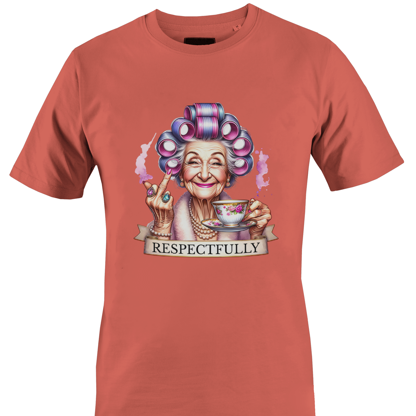 Coral t-shirt with a graphic of an elderly woman with colorful hair, holding a tea cup with middle finger and a 'RESPECTFULLY' banner.