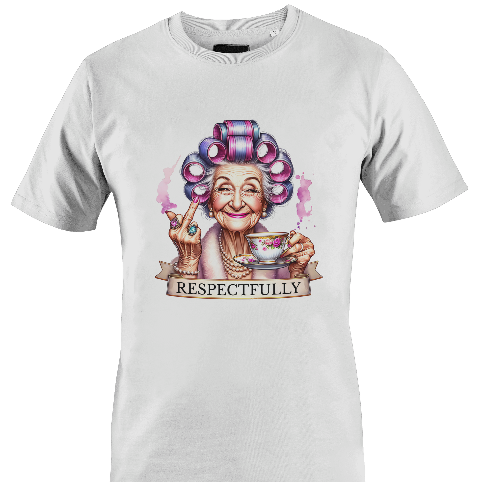 White t-shirt with a graphic of an elderly woman with colorful hair, holding a tea cup with middle finger and a 'RESPECTFULLY' banner.
