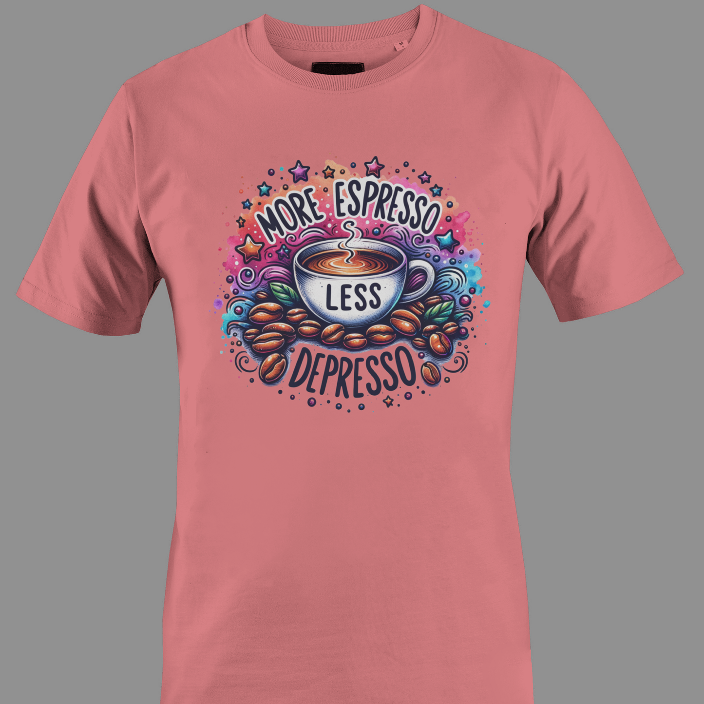 Coral t-shirt with coffee-themed graphic and text more espresso less depresso