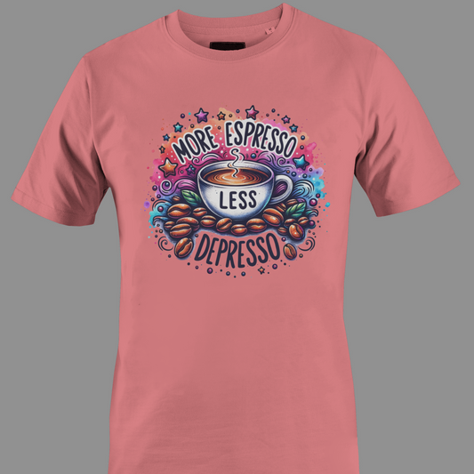 Coral t-shirt with coffee-themed graphic and text more espresso less depresso